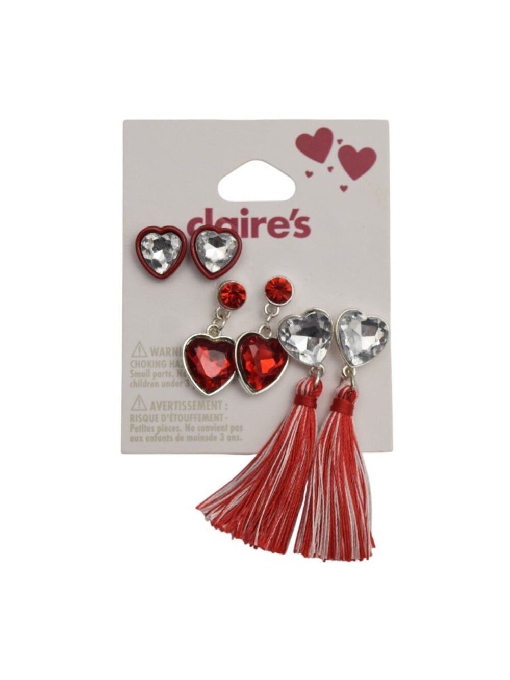 Claires Heart Earring Set of 3 Red Clear Rhinestone Tassel Studs Valentines Love